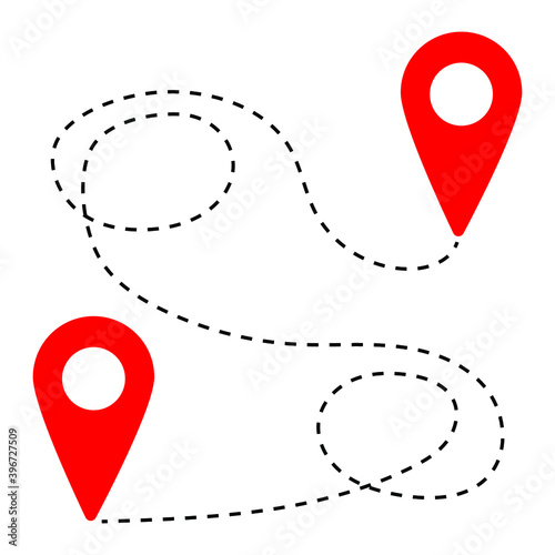 Red travel mark and dotted line on white background, sign for design, vector illustration