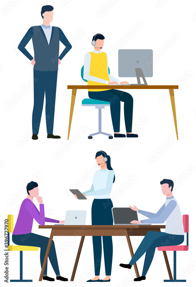Boss supervising working process of worker sitting by laptop vector, flat style characters at work. Man and woman with tablet, digital data. Secretary helping coders with computers illustration