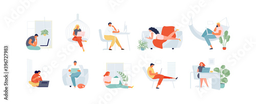 People working at home. Freelance and remote work. Distance learning students vector illustration