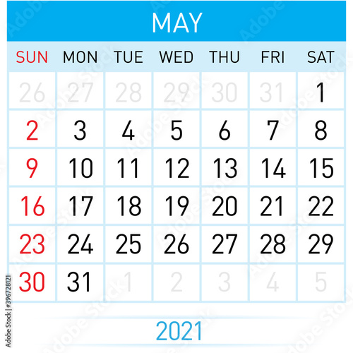 May Planner Calendar 2021. Illustration of Calendar in Simple and Clean Table Style for Template Design on White Background. Week Starts on Sunday