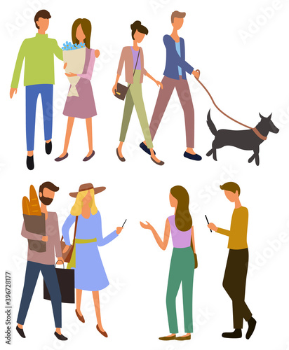 Man and woman in marketplace, person carrying package with bouquet, female character holding flowers. Couple shopping, bazaar or supermarket element vector