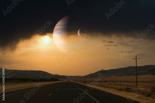 Photoshop landscape of roads, hills at sunset.