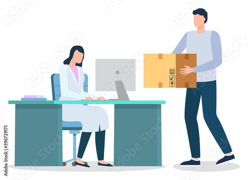 Doctor sitting in cabinet at hospital. Courier carry carton box to deliver to receiver. Shipment and delivery parcels from post to door. Woman work on computer. Vector illustration in flat style