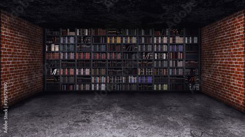 Wallpaper Mural Large bookcase in the wall with many different books in the basement with brick walls and concrete floor Torontodigital.ca