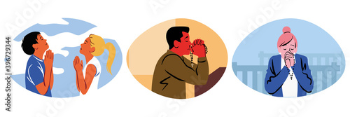 Prayer, religion, faith set concept. Collection of religious men women cartoon characters christians praying to god lord begging for luck protection and support. Chrsitianity and Jesus Christ belief.