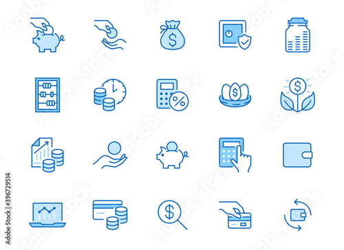 Money income line icon set. Pension fund, profit growth, piggy bank, finance capital minimal vector illustration. Simple outline signs for investment application. Blue color, Editable Stroke