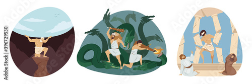Mythology, Greece, religion concept. Mythological religious series of titan Atlas holds celestial heaven Heracles demigod killing Lernaean Hydra Samson jewish hero pushing temple pillars illustration.