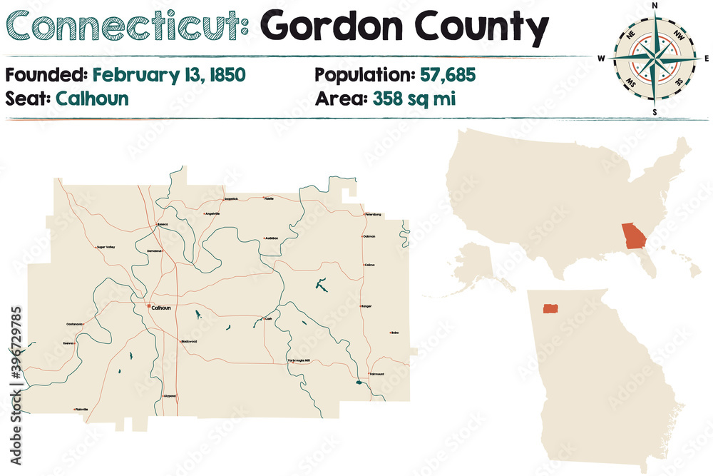 Fototapeta premium Large and detailed map of Gordon county in Georgia, USA. 