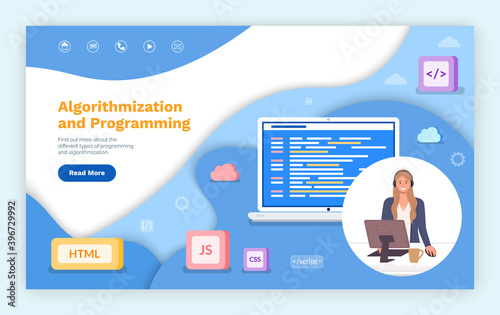Landing page of website. Algorithmization and programming. Woman operator wearing headset working with computer. Html, js, css, script icons. Programming of website, writing code, creating site