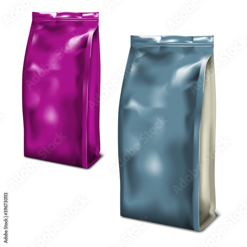 Blank color foil gusseted bags, realistic vector illustration. Crumpled stand up pouch set. Coffee, tea, sweets vacuum package, template. Easy to recolor