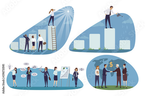 Business, teamwork, financial success set concept. Collection of businesspeople men women clerks managers planning at meeting making global deal together. Career growth finance agreement investment.