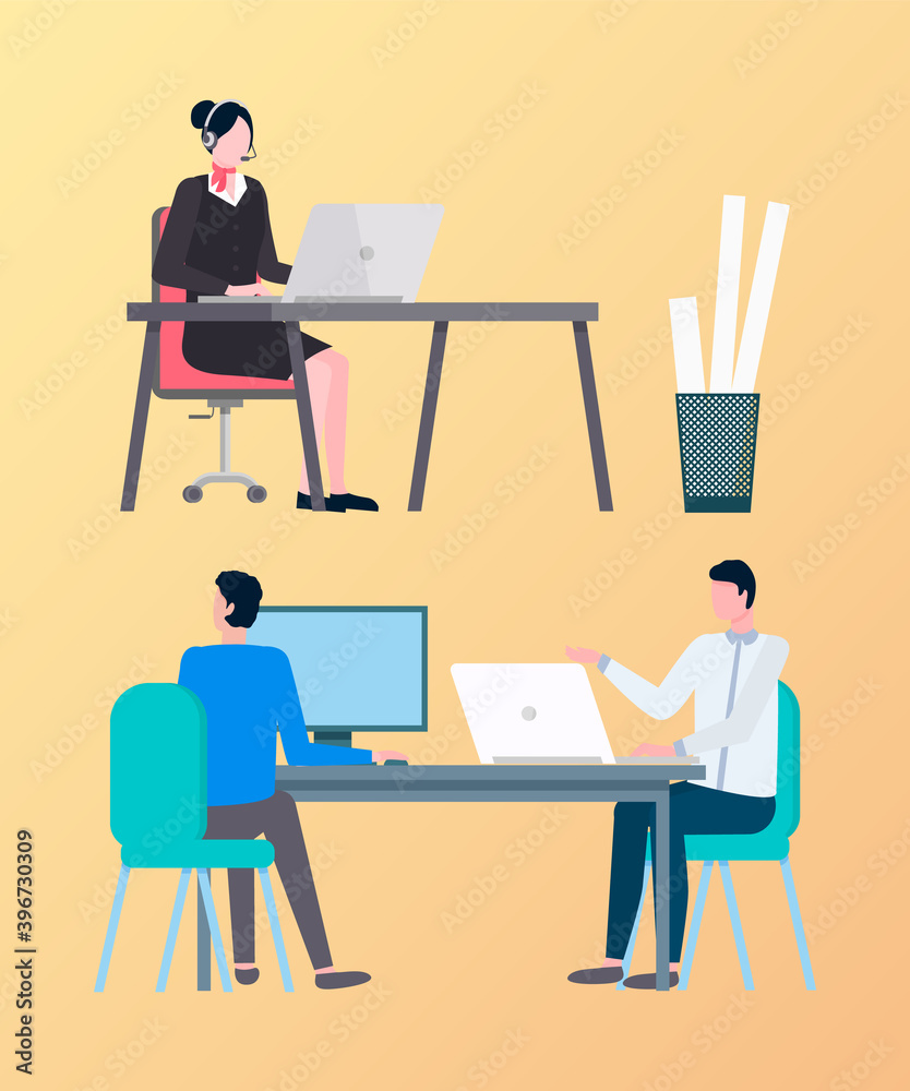 People using laptops at work vector, man and woman working in office, lady wearing headphones looking at screen of computer. Agency and busy workers People using laptops at work vector, man and woman working in office, lady wearing headphones looking at screen of computer. Agency and busy workers