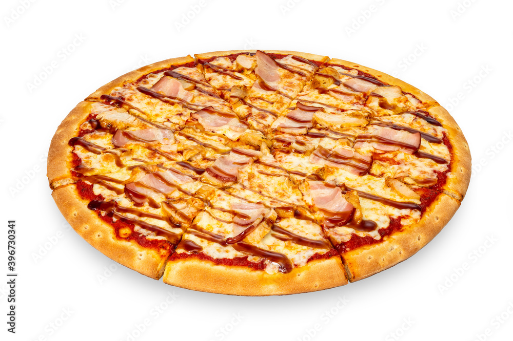 Cheese pizza with bacon and chicken isolated on a white background. Texas style pizza