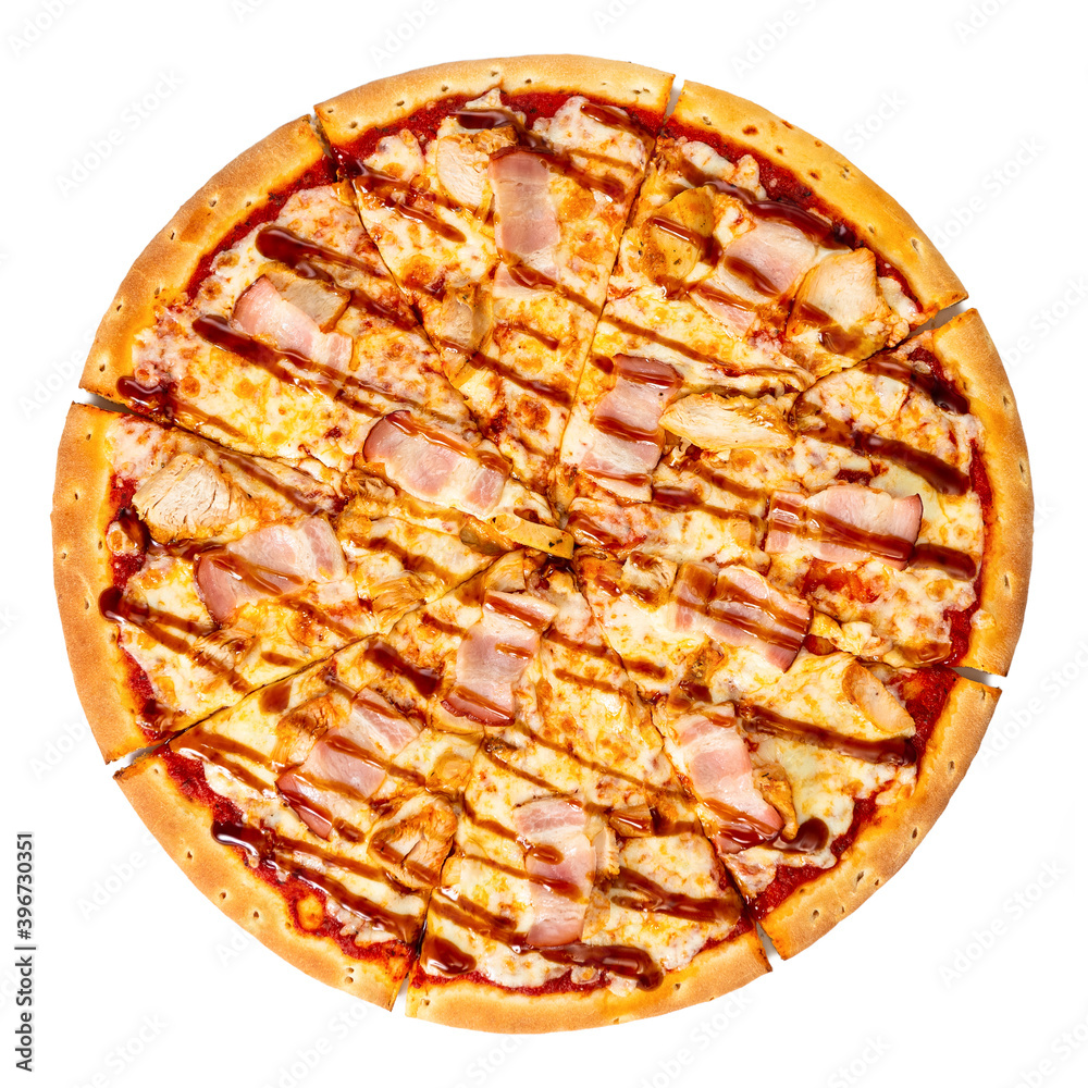 Cheese pizza with bacon and chicken isolated on a white background. Texas style pizza top view