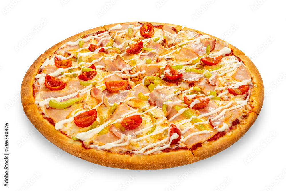 Cheese and bacon pizza with vegetables isolated on a white background