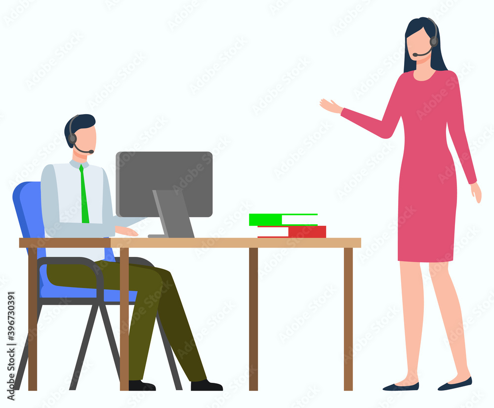 Workers discussing work, man communication with monitor of computer, woman standing. Employees strategy, logistics worldwide, business e-commerce, export or import, pc technology, office vector Workers discussing work, man communication with monitor of computer, woman standing. Employees strategy, logistics worldwide, business e-commerce, export or import, pc technology, office vector