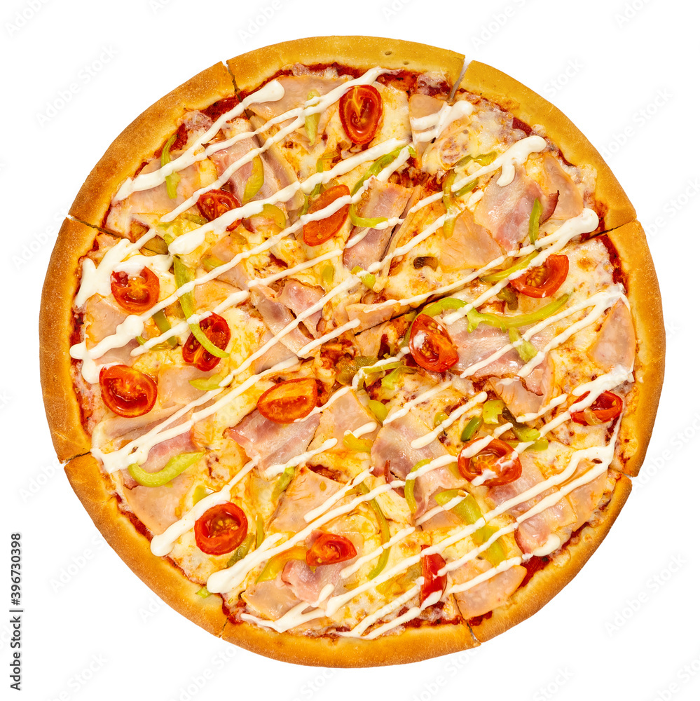 Cheese and bacon pizza with vegetables isolated on a white background. Pizza top view