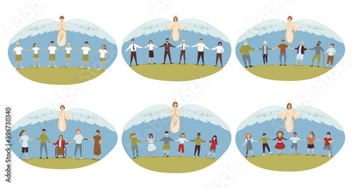 Protection, religion, christianity set concept. Angels biblical religious characters protecting old men women business people chldren disabled person holding hands together. Divine help illustration. photo