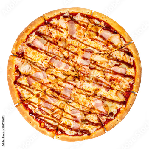 Obraz na płótnie Cheese pizza with bacon and chicken isolated on a white background. Texas style pizza top view w salonie