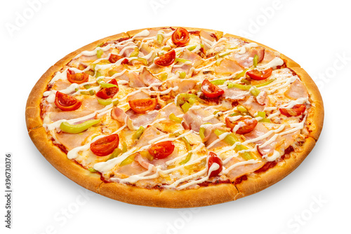 Obraz na płótnie Cheese and bacon pizza with vegetables isolated on a white background w salonie