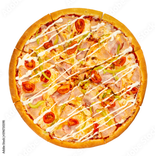 Cheese and bacon pizza with vegetables isolated on a white background. Pizza top view