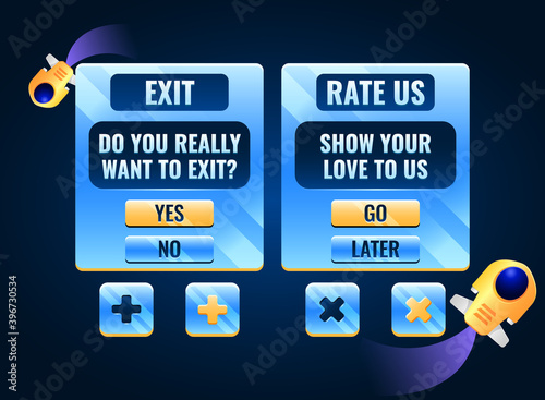 fantasy space game ui exit and rate us pop up menu interface for gui asset elements vector illustration