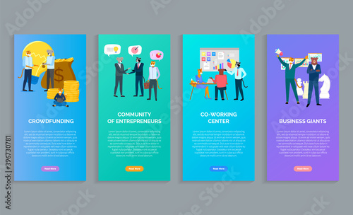 Crowdfunding, community of entrepreneurs, co-working center, business giants posters or banners in cartoon style with animals characters, money, successful deal, analysing info, promotion action