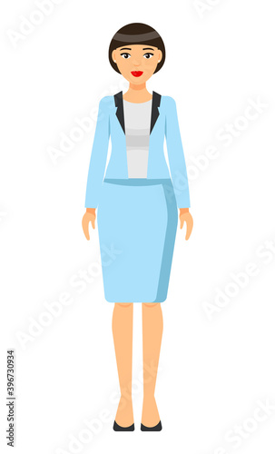 Isolated cartoon character stylish businesswoman wearing fashionable blue office jacket, skirt, blouse. Businesslady style. Dresscode of office worker. Pretty woman with bob haircut. Simple icon