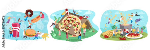 Fastfood, people, food set concept. Collection of men women cartoon characters flying eating junk meal hamburger pizza hot dog fries together. Unhealthy caloric nutrition healthcare illustration. 