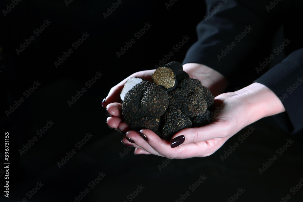Black truffles in the hands of a woman. Photo on a black background. The season of truffles. Natural proteins and an antioxidant. Unrecognizable person. Only hand.