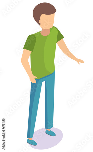 Cartoon man character template. Boy with brown hair wearing blue jeans and green shirt standing . Male personage figure without face 3D vector illustration