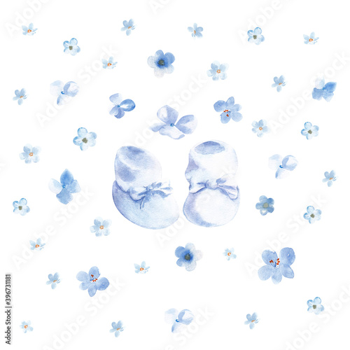 Watercolor boy baby shower design elements. Booties and blue flowers on a white background. Cute children birthday illustration for invitations or greeting cards. photo