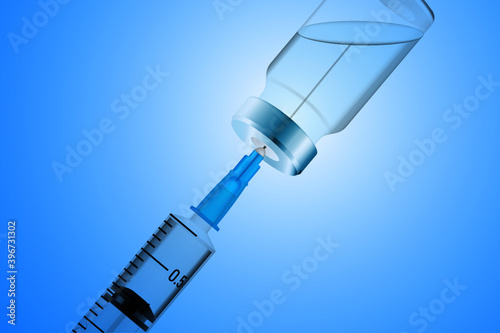Plastic syringe with needle and bottle. Vaccination concept