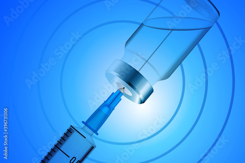 Plastic syringe with needle and bottle. Vaccination concept