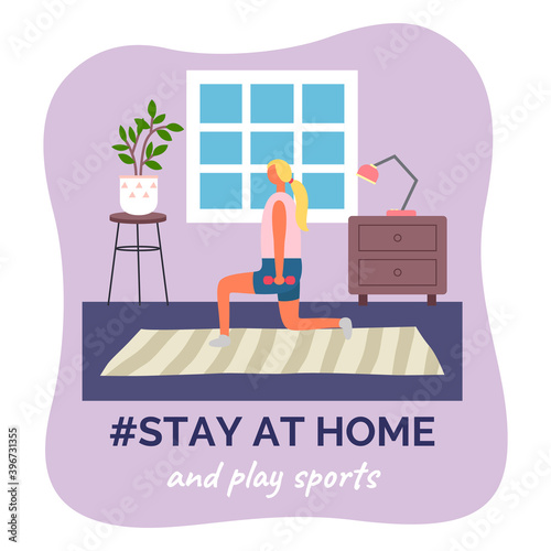 Stay at home and play sports. Quarantine self-isolation during spreading covid-19. Girl doing lunges with dumbbells. Girl making sport exercises, fitness training. Home gym. Healthy energy lifestyle