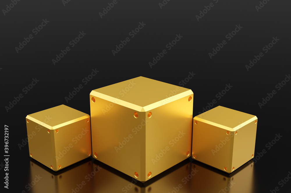 Game Mystery loot box ,Yellow Steel Box or cube ,Golden Product Stand on Black floor with reflex. 3D Rendering.Use For Product Showcase. Game Mystery loot box ,Yellow Steel Box or cube ,Golden Product Stand on Black floor with reflex. 3D Rendering.Use For Product Showcase.