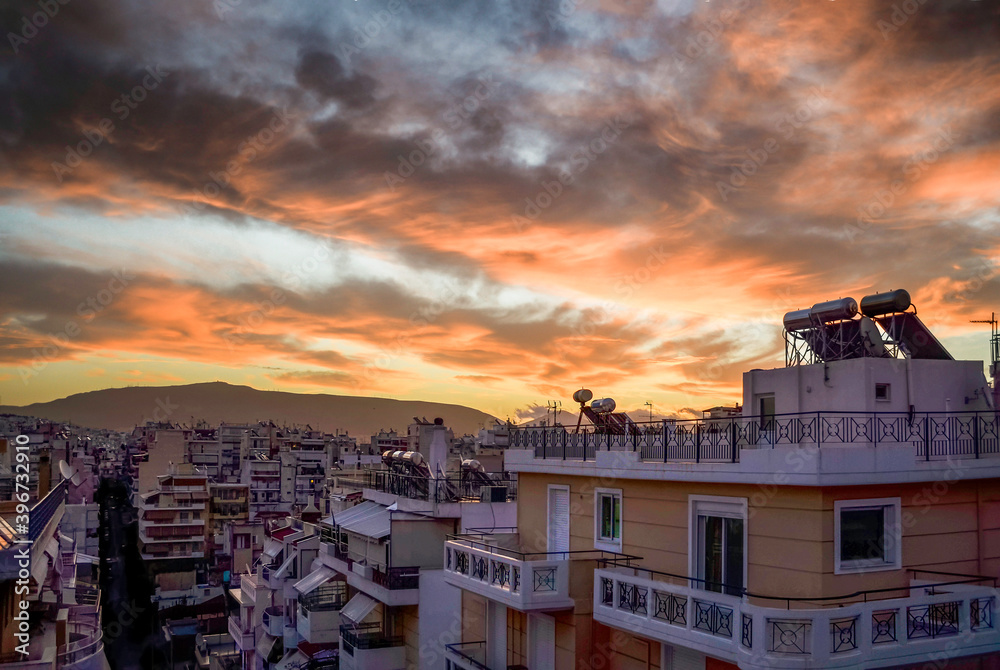 Sunrise over the city. Piraeus,Grecce