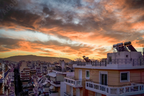 Sunrise over the city. Piraeus,Grecce