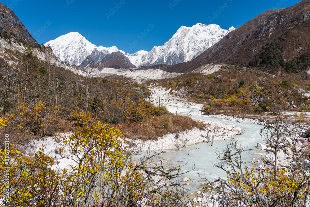 Himalaya mountains and stream water from melted glacier view from Bimthang village in Manaslu circuit trekking route in Nepal Himalaya mountains and stream water from melted glacier view from Bimthang village in Manaslu circuit trekking route in Nepal