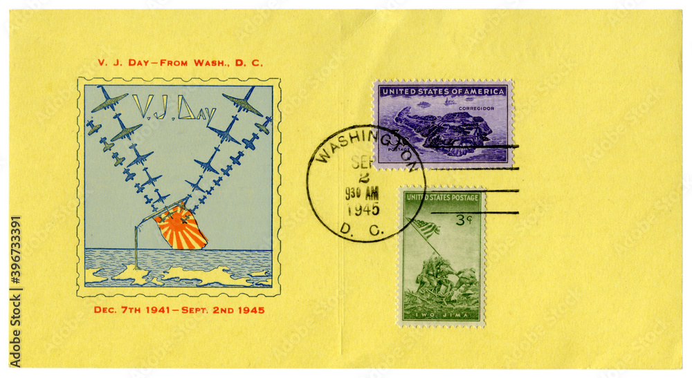 Washington D.C., The USA - 2 Sep 1945: postal card with a cachet V-J day, American bomber broke the japanese flag, the Victory over Japan, Iwo Jima postage stamp
