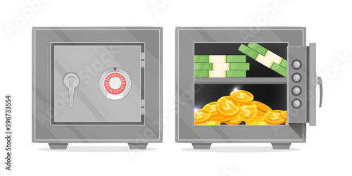 Vector bank safe with opened and closed door illustration with dollar bills, golden coins isolated on white. Locker, iron strongbox or vault front view finance icon. Metal bank safe cartoon clipart