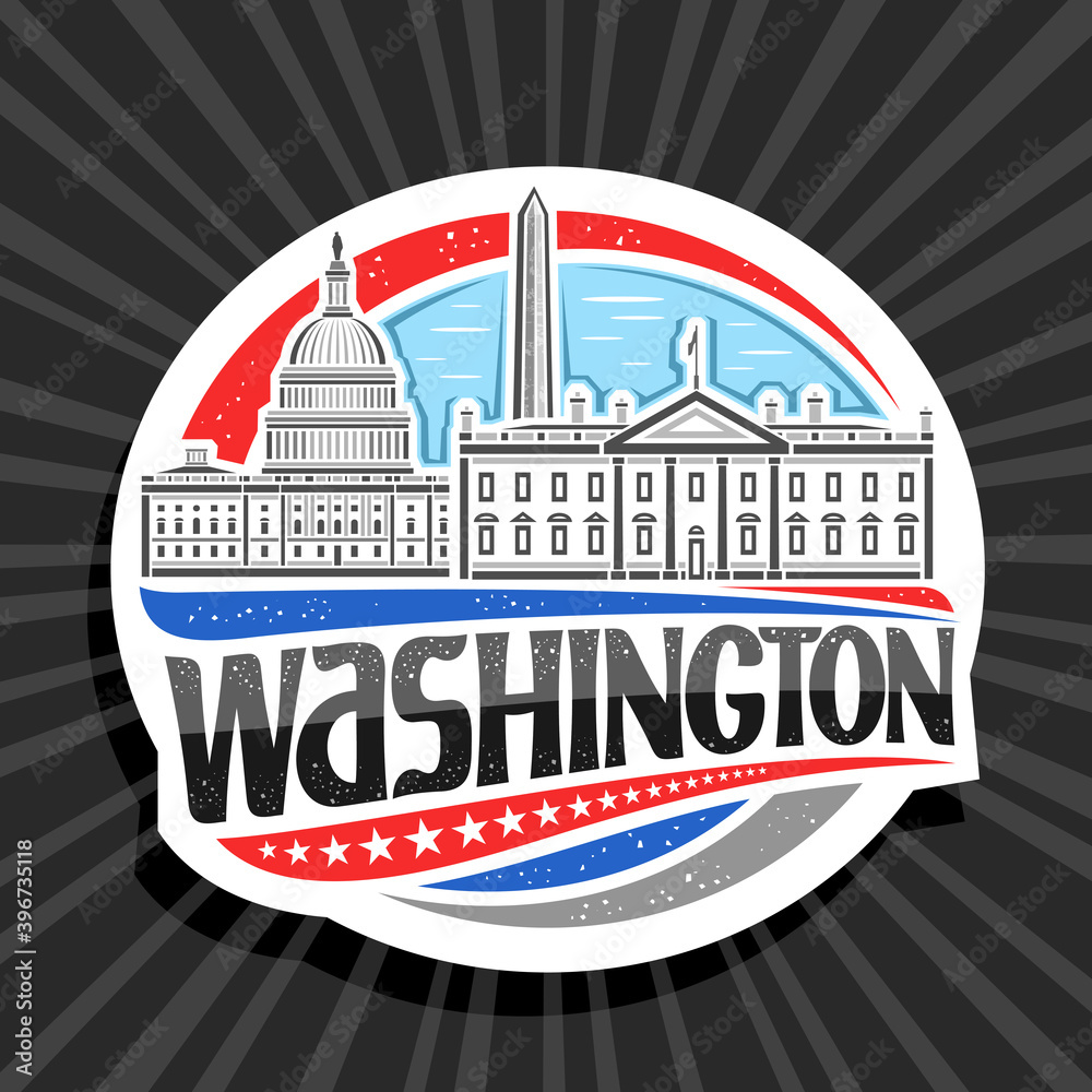 Vector logo for Washington, decorative badge with illustration of famous washington city scape on day sky background, art design tourist fridge magnet with unique lettering for black word washington.