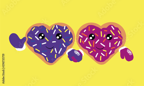 two donuts in the shape of a heart holding hands. two cartoon doughnuts holding hands in mittens in winter