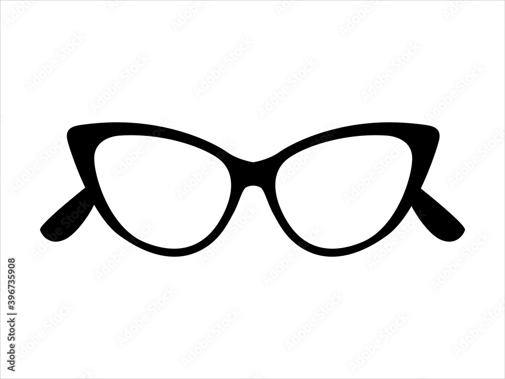 Fototapeta premium Retro icon cat's eye lens glasses isolated on background, retro black-rimmed glasses, women's and men's accessory. Optics, lens, vintage, trend. Vector illustration. 