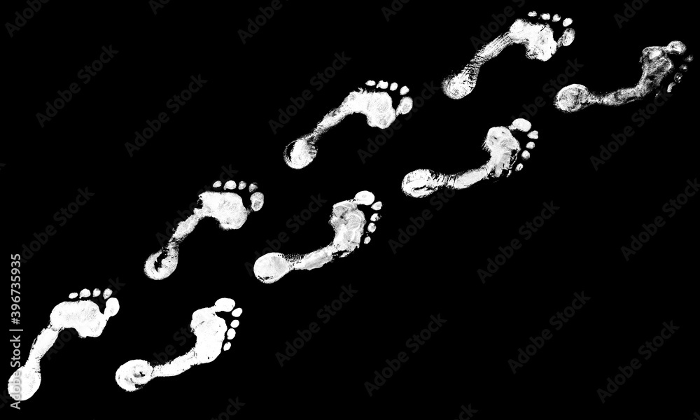 Human white footprints way black background isolated, barefoot person foot print pattern, walking path, footsteps silhouette illustration, bare feet route trail, ink imprint, stamp, mark, sign, symbol