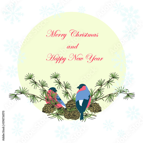 Merry Christmas and Happy New Year banner bulfinch larch green tree branch blue snowflakes