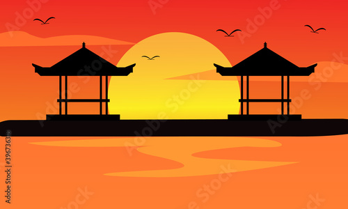 Sunset landscape in bali flat design vector
