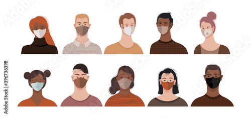 Flat style vector people in protection masks portraits set - design concept illustration of male and female faces.