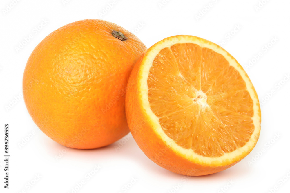 Orange fruit with orange slices isolated on white background. Orange fruit with orange slices isolated on white background.