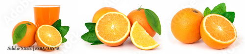 Set of Orange fruit with orange slices and leaves isolated on white background.